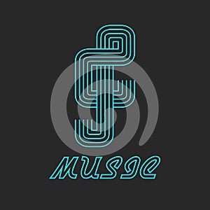 Music key logo of neon line, musical blue icon