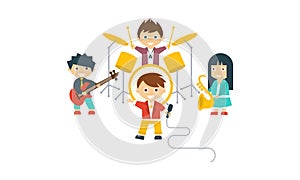 Music kids band, children playing different instruments, drummer, saxophonist, singer, guitarist vector Illustration