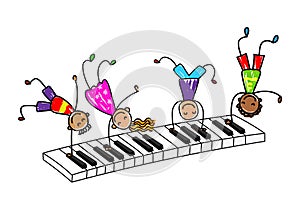 Music kids.Cartoon kids playing piano keyboard.
