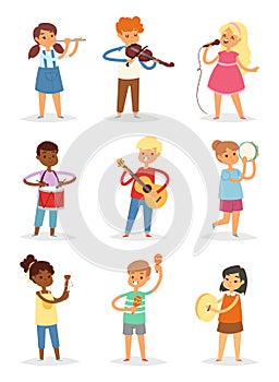 Music kids vector cartoon characters set of children singing