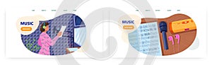 Music landing page design, website banner vector template set. Musician, vocalist singing song in voice recording studio