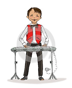 Music lesson in school. Boy plays piano, having fun. Happy children in school. Educational concept.