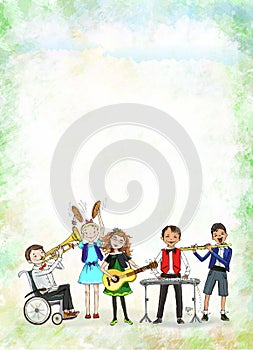 Music lesson in school. Children are playing different musical instruments Trumpet, piano, flute, guitar, having fun. Happy childr