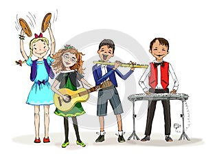 Music lesson in school. Children are playing different musical instruments Trumpet, piano, flute, guitar, having fun. Happy childr