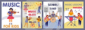 Music lessons and classes for kids banners, flat vector illustration.