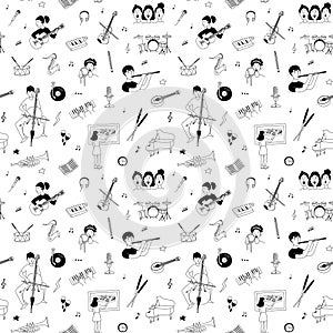 Music lessons students different musical instruments seamless doodle pattern