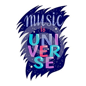 Music lettering vector musical typography graphic sign calligraphy text or quote of love relax and music sound freedom