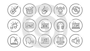 Music line icons. Guitar, Musical note and Headphones. Linear icon set. Vector