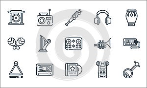 music line icons. linear set. quality vector line set such as banjo, music album, triangle, voice recorder, cassette, maracas,