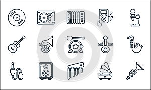 music line icons. linear set. quality vector line set such as clarinet, chimes, audio jack, gramophone, woofer, guitar, violin, mp