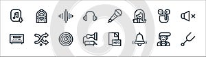 music line icons. linear set. quality vector line set such as diapason, bell, gramophone, amplifier, audio waves, microphone,