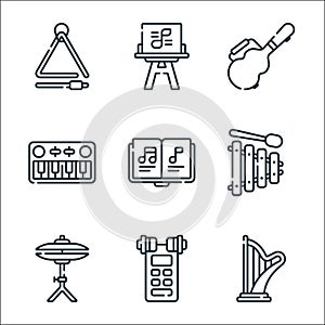 Music line icons. linear set. quality vector line set such as harp, voice recorder, cymbals, xylophone, musical note, piano