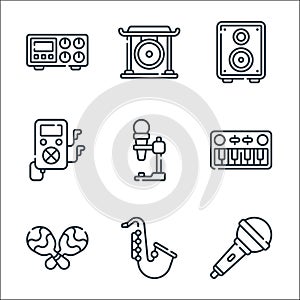 music line icons. linear set. quality vector line set such as microphone, sax, maracas, piano keyboard, mike, mp music file,