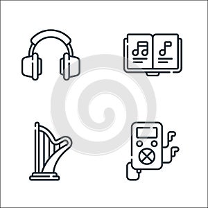 music line icons. linear set. quality vector line set such as mp music file, harp, musical note