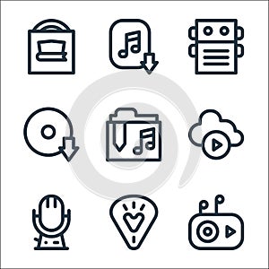 music line icons. linear set. quality vector line set such as mp player, guitar pick, microphone, music, music folder, download,