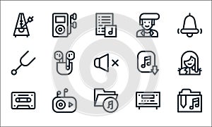 music line icons. linear set. quality vector line set such as music folder, music folder, cassette, amplifier, mp player, diapason