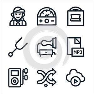 music line icons. linear set. quality vector line set such as music, random, mp file, gramophone, diapason, album, volumeter