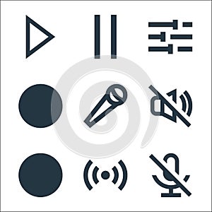 music line icons. linear set. quality vector line set such as mute, cast, pause, no sound, microphone, vinyl, tune, pause