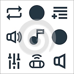 music line icons. linear set. quality vector line set such as muted, portable speaker, tune, play, music note, high volume, add to