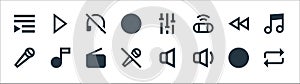 Music line icons. linear set. quality vector line set such as repeat, volume controller, mute, microphone, rewind, sound off, tune