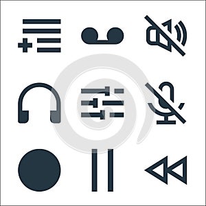 music line icons. linear set. quality vector line set such as rewind, pause, pause, mute, tune, headphones, no sound, sound