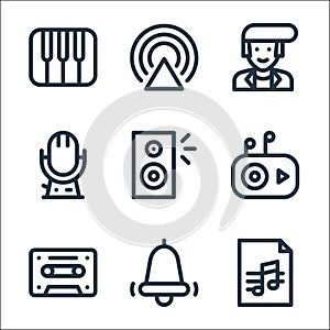 music line icons. linear set. quality vector line set such as score, bell, cassette, mp player, speaker, microphone, rocker,