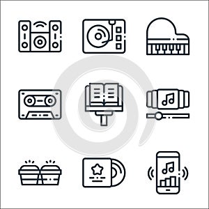 music line icons. linear set. quality vector line set such as music app, cd, bongos, playlist, partiture, cassette, piano, photo