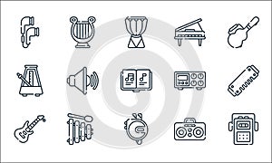 Music line icons. linear set. quality vector line set such as cassette player, discman, electric guitar, boombox, xylophone, photo