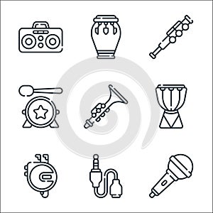 Music line icons. linear set. quality vector line set such as microphone, audio jack, discman, djembe, clarinet, drum, flute, photo