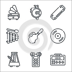 Music line icons. linear set. quality vector line set such as mixer, voice recorder, metronome, vynil, guitar case, xylophone, photo