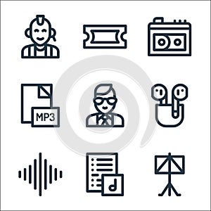 music line icons. linear set. quality vector line set such as music stand, playlist, audio waves, mod, mp file, ticket