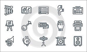 music line icons. linear set. quality vector line set such as woofer, cymbals, french horn, gong, discman, sheet music, conga,