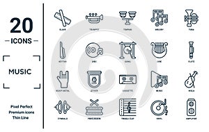 music linear icon set. includes thin line clave, keytar, heavy metal, cymbals, amplifier, gong, viola icons for report, photo