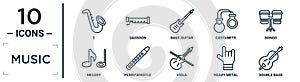 music linear icon set. includes thin line s, bass guitar, bongo, pennywhistle, heavy metal, double bass, melody icons for report,