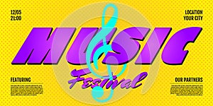 Music live festival show horizontal banner. Invitation flyer cover design template. Treble clef on yellow background