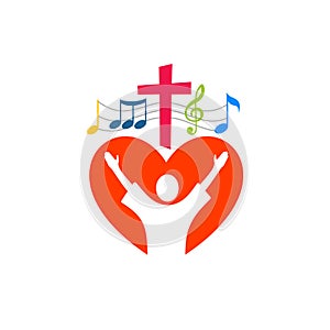 Music logo. Christian symbols. The believer worships Jesus Christ, sings the glory to God.