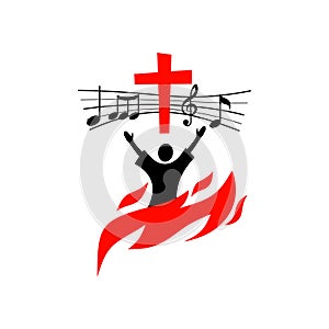 Music logo. Christian symbols. The believer worships Jesus Christ, sings the glory to God.