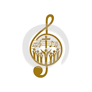 Music logo. Christian symbols. Believers in Jesus sing a song of glorification to the Lord.