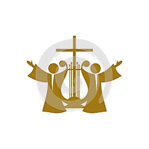 Music logo. Christian symbols. Believers in Jesus sing a song of glorification to the Lord.