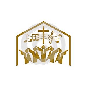 Music logo. Christian symbols. The Church of God sings to Jesus Christ a song of glory.