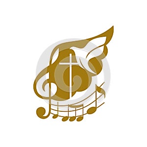 Music logo. Christian symbols. The cross of Jesus, the treble clef and the flying dove flying.