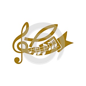 Music logo. Christian symbols. Notes, a treble clef and a fish - a symbol of Jesus.