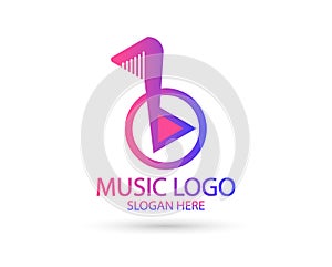 Music logo template. Musical note and vinyl record with play icon vector design. Turntable illustration