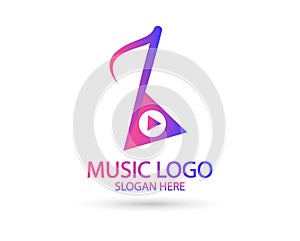 Music logo template. Musical note and vinyl record with play icon vector design. Turntable illustration