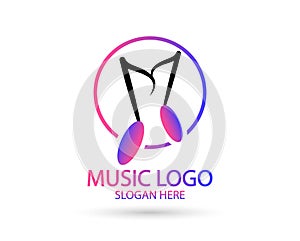 Music logo template. Musical note and vinyl record vector design. Turntable illustration