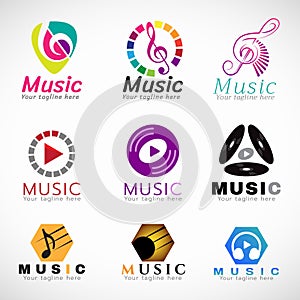 Music logo vector set design - music key sign and CD play sign and headphone sign