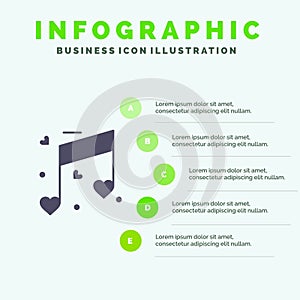 Music, Love, Heart, Wedding Solid Icon Infographics 5 Steps Presentation Background