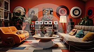 A music lover\'s lounge with vinyl records and retro furnishings