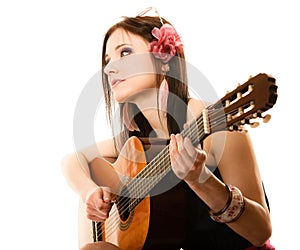 Music lover, summer girl with guitar isolated