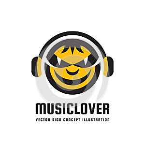 Music lover - vector logo concept illustration in flat style design. Audio mp3 sign. Modern sound icon. Dj symbol. Human head.